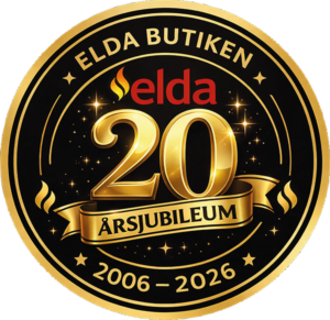 Elda Butiken 20-årsjubileum emblem i guld och svart med texten "2006–2026".