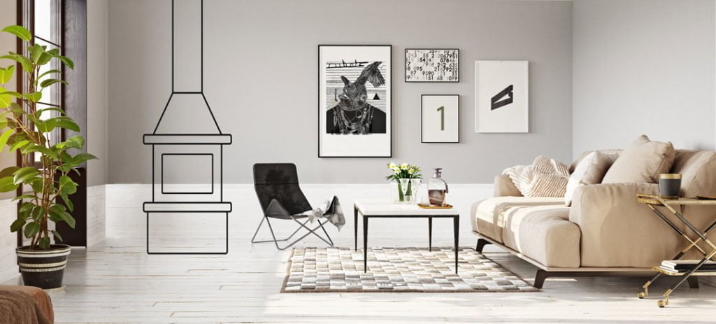Modern vardagsrum med ljus inredning, beige soffa, växter, och stilrena väggtavlor. Ett skissat spisdiagram syns på väggen, vilket ger en innovativ designkänsla.