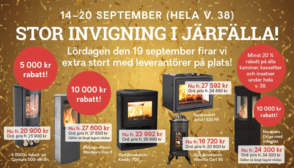 Reklamaffisch för stor invigning i Järfälla med rabatter på kaminer och spiskassetter, 14–20 september. Guldglitterbakgrund med produktbilder och rabatterbjudanden.
