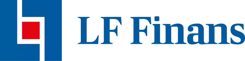 Logotyp för LF Finans med blå text och ett blått och rött grafiskt element.
