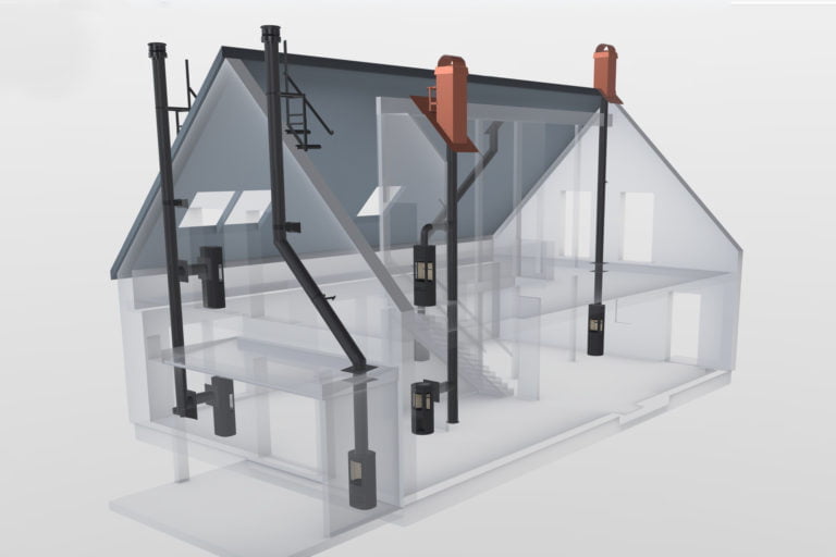 3D-modell av ett hus med genomskärning, visar installation av eldstäder och skorstenar på flera våningar.