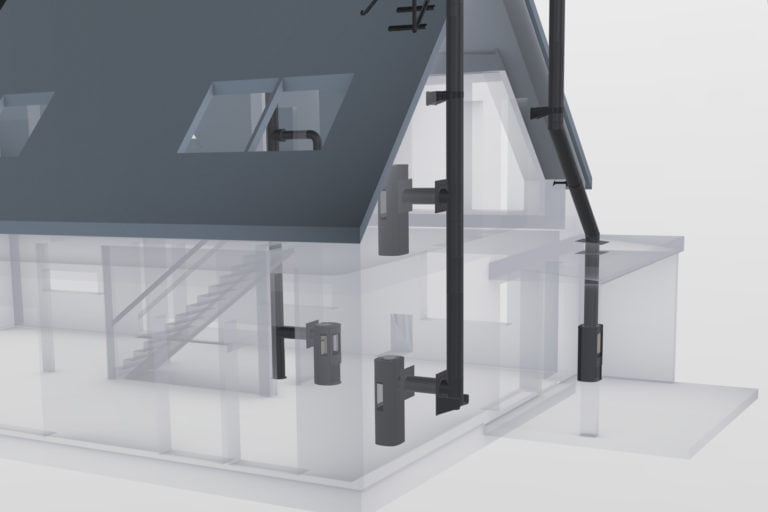3D-modell av ett hus med genomskinliga väggar, visar ett ventilationssystem med rör och ventiler.
