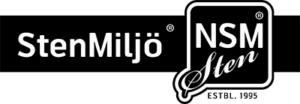 Logotyp för StenMiljö och NSM Sten, med vit text på svart bakgrund och en röd linje.