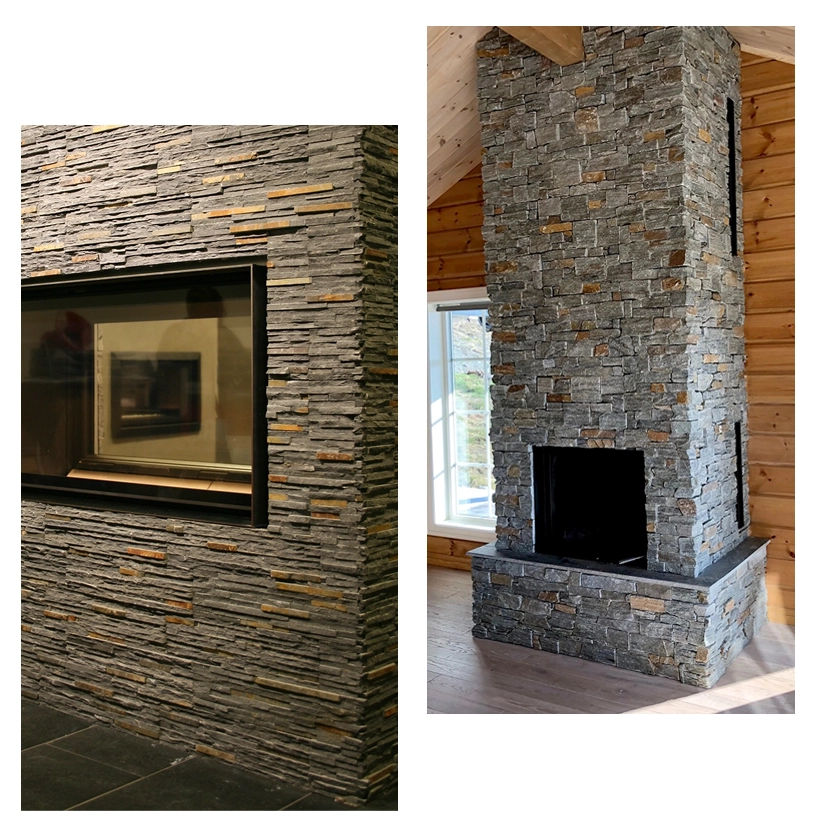 Stenklädd öppen spis med glasfront till vänster och traditionell rektangulär steneldstad till höger i ett rum med trägolv och stora fönster.