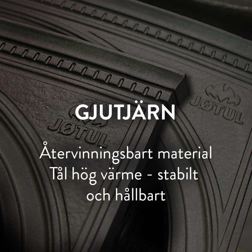 Gjutjärnsdetalj med text om återvinningsbarhet och värmetålighet, inklusive Jøtul-logotyp.