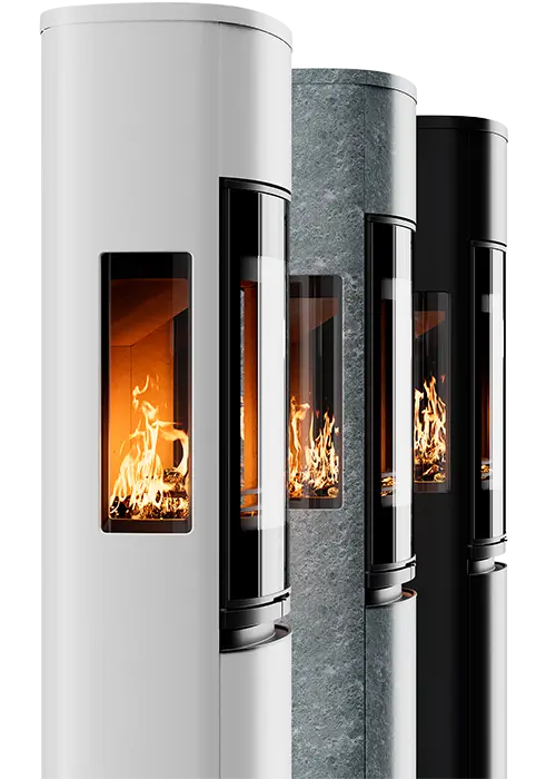 Fyra moderna braskaminer i olika färger, vita, gråa och svarta, visas med synliga lågor genom glasdörrar.