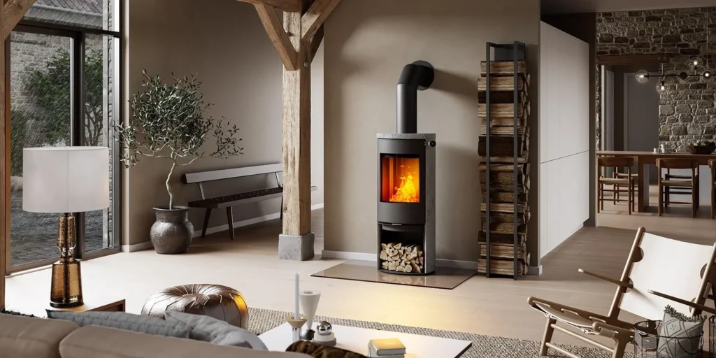 Modern vardagsrum med braskamin, vedstapel och stora fönster. Inredningen inkluderar en lampa, fåtöljer och en matplats i bakgrunden.