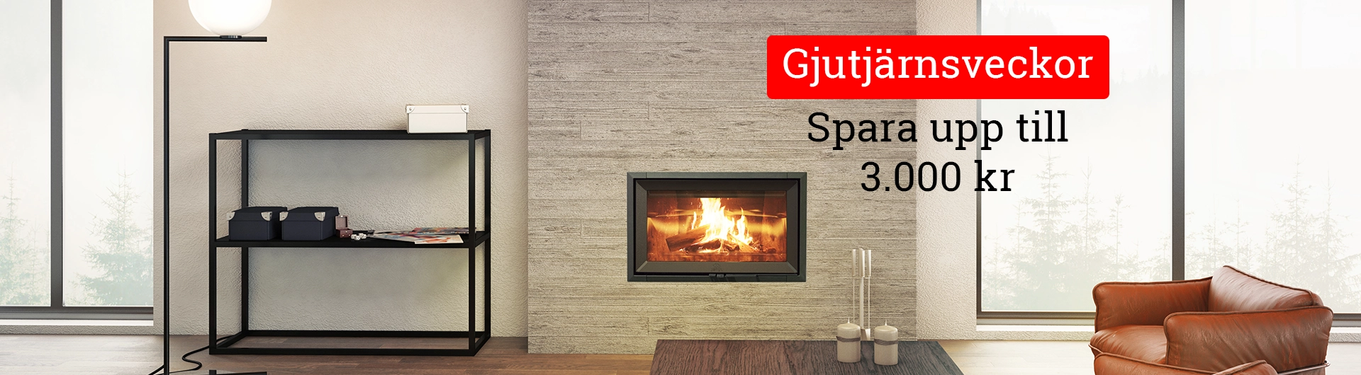 Modern vardagsrum med eldstad och läderfåtölj. Text: "Gjutjärnsveckor - Spara upp till 3.000 kr".