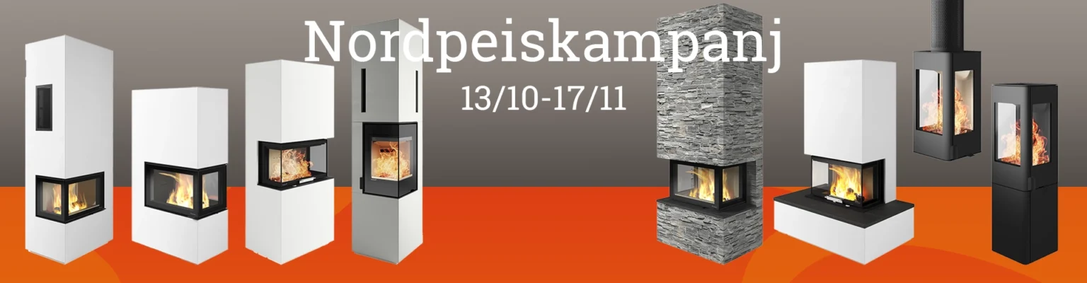 Alt-text: "Olika designade eldstäder från Nordpeis visas mot grå bakgrund med texten 'Nordpeiskampanj 13/10-17/11'. Eldstäderna är vita, svarta och stenliknande."