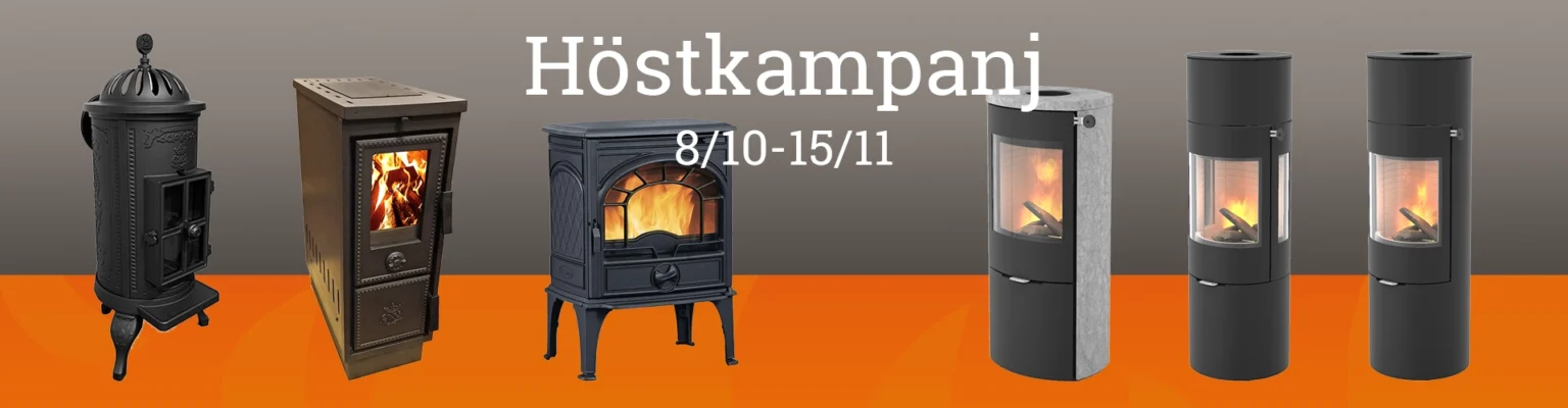 Olika typer av kaminer visas mot en grå och orange bakgrund med texten "Höstkampanj 8/10-15/11".