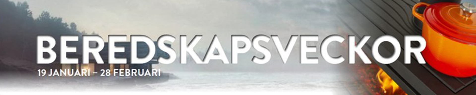 Alt-text: "Bild med texten 'Beredskapsveckor 19 januari - 28 februari', en sjö i bakgrunden och en orange gryta på en spisplatta."