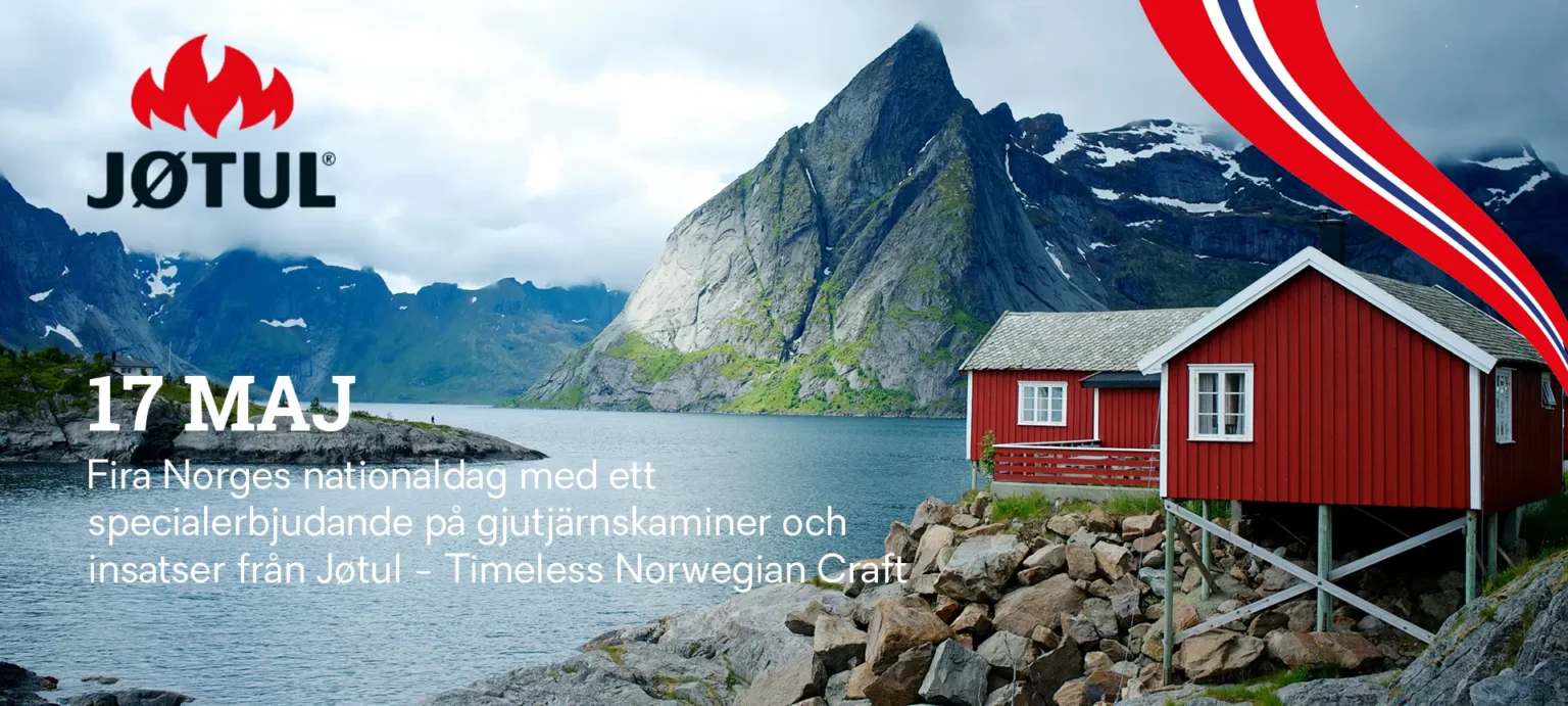 Röd stuga vid fjord med berg i bakgrunden, Jøtul-logotyp och text om norska nationaldagen, erbjudande på gjutjärnskaminer. Norges flagga syns upptill.