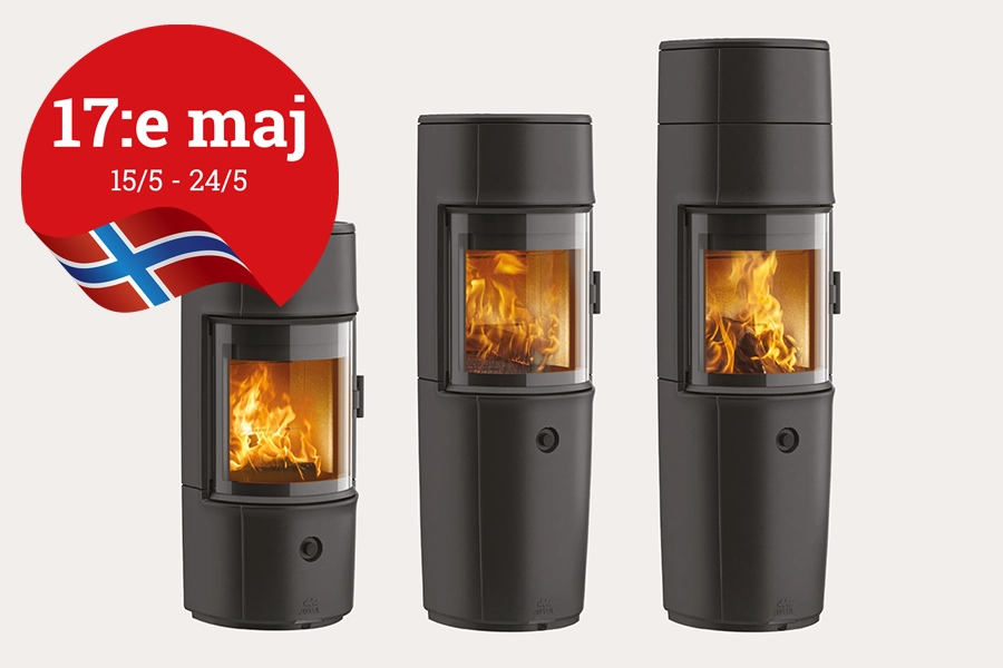 Tre moderna kaminer med brinnande eld, svart design. Röd cirkel med norska flaggan och datum 15/5 - 24/5. Text: "17:e maj".