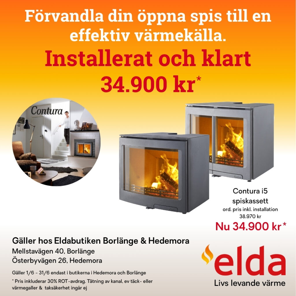 Reklam för Contura i5 spiskassett med installation för 34.900 kr hos Eldabutiken i Borlänge och Hedemora. Bild på spiskassett, elda logotyp och text om erbjudandet.