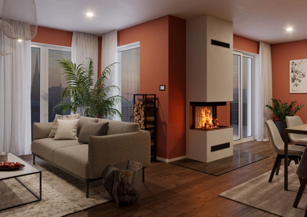 Modern vardagsrumsinteriör med en brinnande öppen spis, grå soffa, gröna växter och stora fönster med vita gardiner, vilket skapar en varm och inbjudande atmosfär.