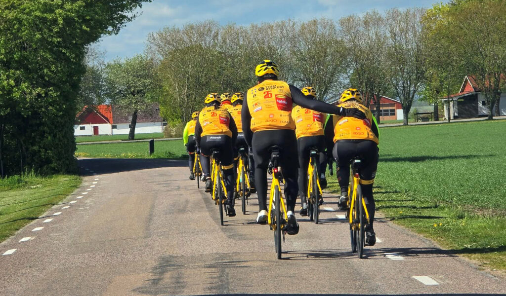Cykelgrupp i gula tröjor cyklar på landsväg omgiven av grönska och röda byggnader i bakgrunden.