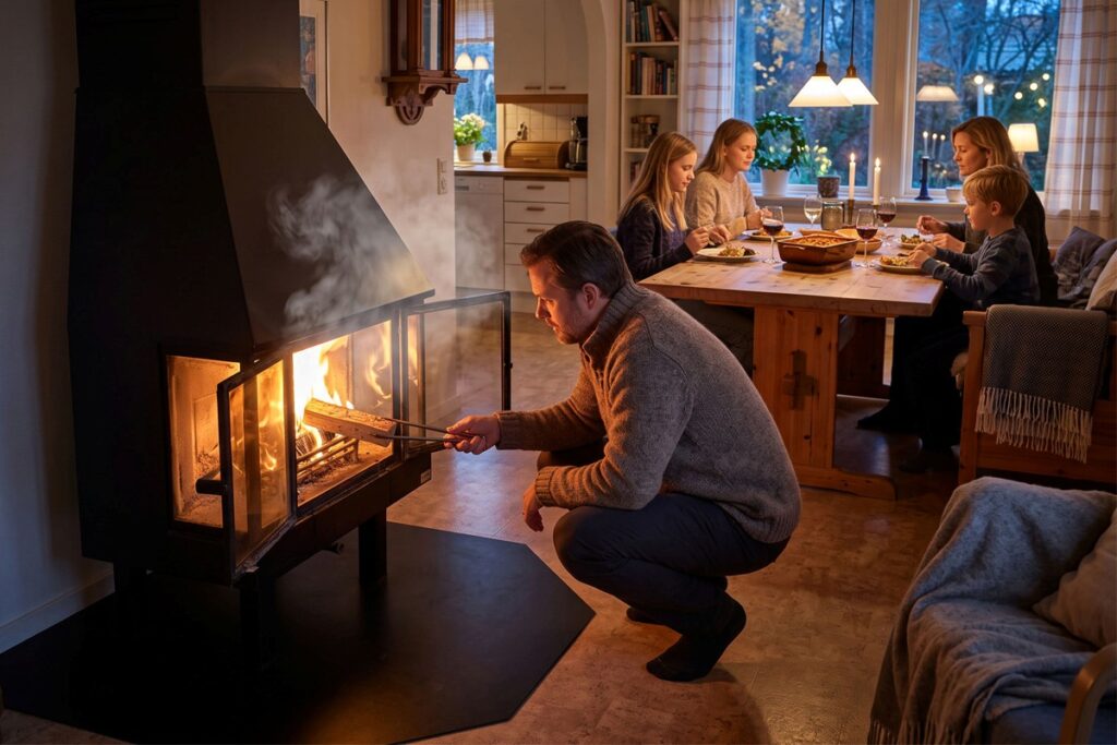 Man tänder en brasa i en kamin medan familj äter middag vid ett träbord i ett mysigt vardagsrum.