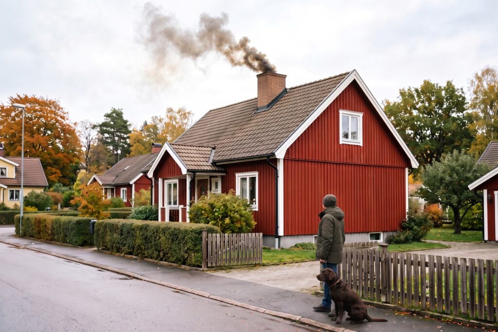 Rött trähus med rök ur skorstenen, omgiven av höstfärger. Person med hund står på trottoaren. Trädgård och staket syns i förgrunden.