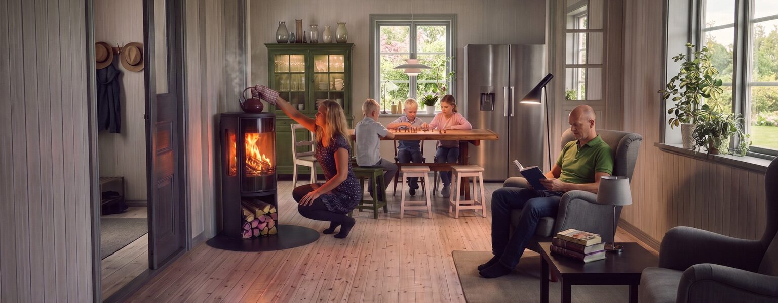 I ett vardagsrum med braskamin sitter en kvinna på huk vid elden, medan två barn spelar schack vid bordet och en man läser i en fåtölj.