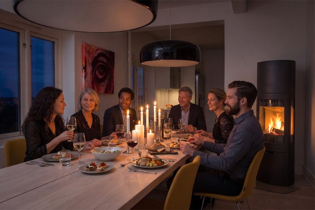 Sex personer sitter runt ett middagsbord med tända ljus, mat och vin. I bakgrunden syns en brinnande kamin, vilket skapar en varm och inbjudande atmosfär.