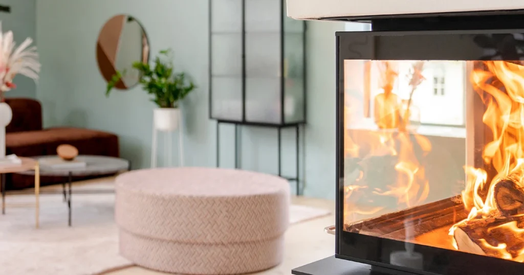 Modern inredning med en elegant kamin i förgrunden, brinnande ved synlig. I bakgrunden finns en rund spegel, växt och bekväm sittgrupp.