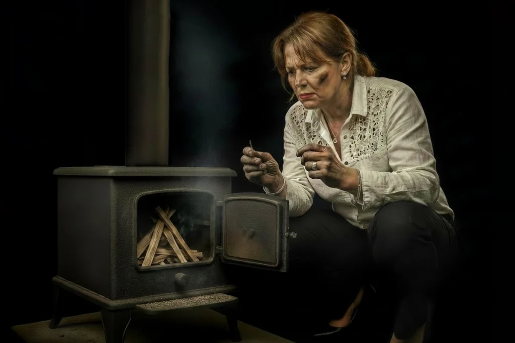 Kvinna i vit skjorta förbereder ved i en svart kamin, redo att tända eld.