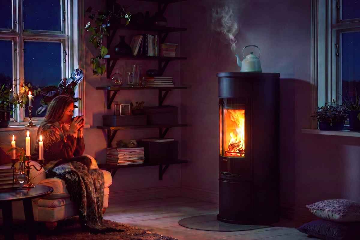 Kvinna sitter i vardagsrum och dricker te framför en brasa i en kamin. Mysig atmosfär med levande ljus och böcker på hyllor.