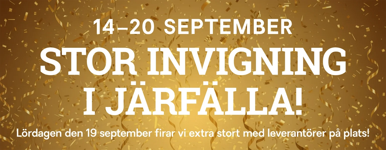 Affisch för stor invigning i Järfälla mellan 14–20 september, med konfetti och guldtema. Leverantörer på plats den 19 september.