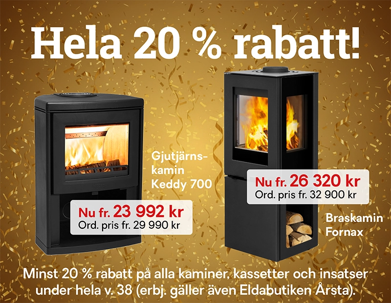 Bild med text som annonserar 20 % rabatt på gjutjärnskamin Keddy 700 och braskamin Fornax, med priser och erbjudanden från Eldabutiken.
