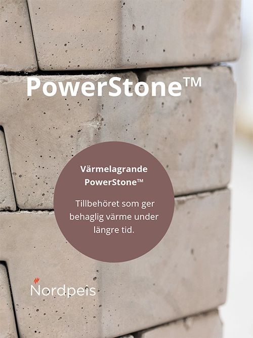 Värmestenar staplade med texten "PowerStone™" och "Nordpeis" samt beskrivning om värmelagring.