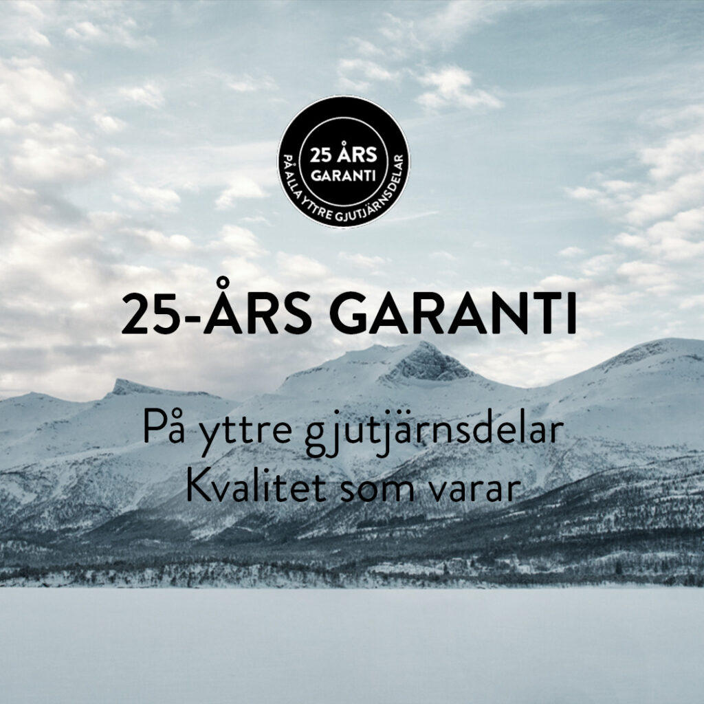 Snötäckta berg under molnig himmel med text som erbjuder 25-års garanti på yttre gjutjärnsdelar.