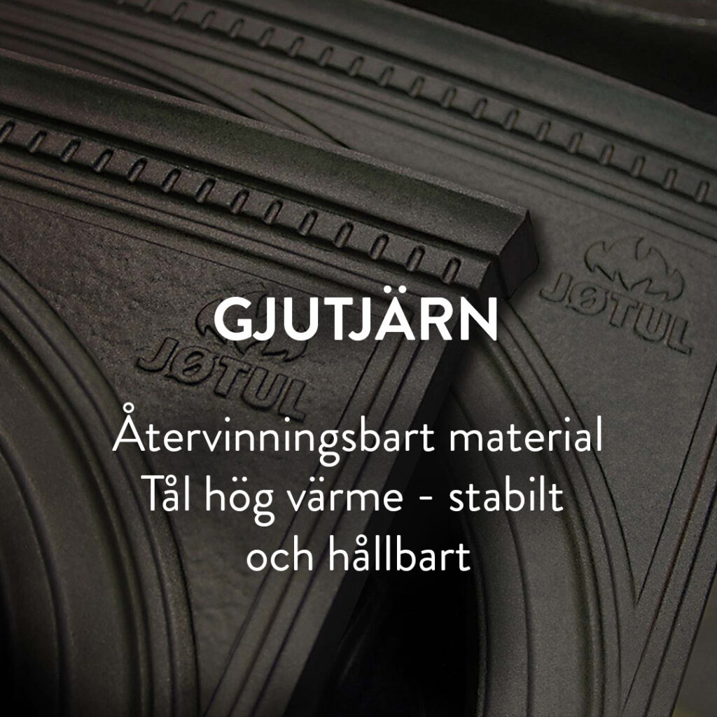 Närbild av gjutjärnsdetaljer med texten "GJUTJÄRN". Materialet är återvinningsbart, tål hög värme och är stabilt och hållbart.