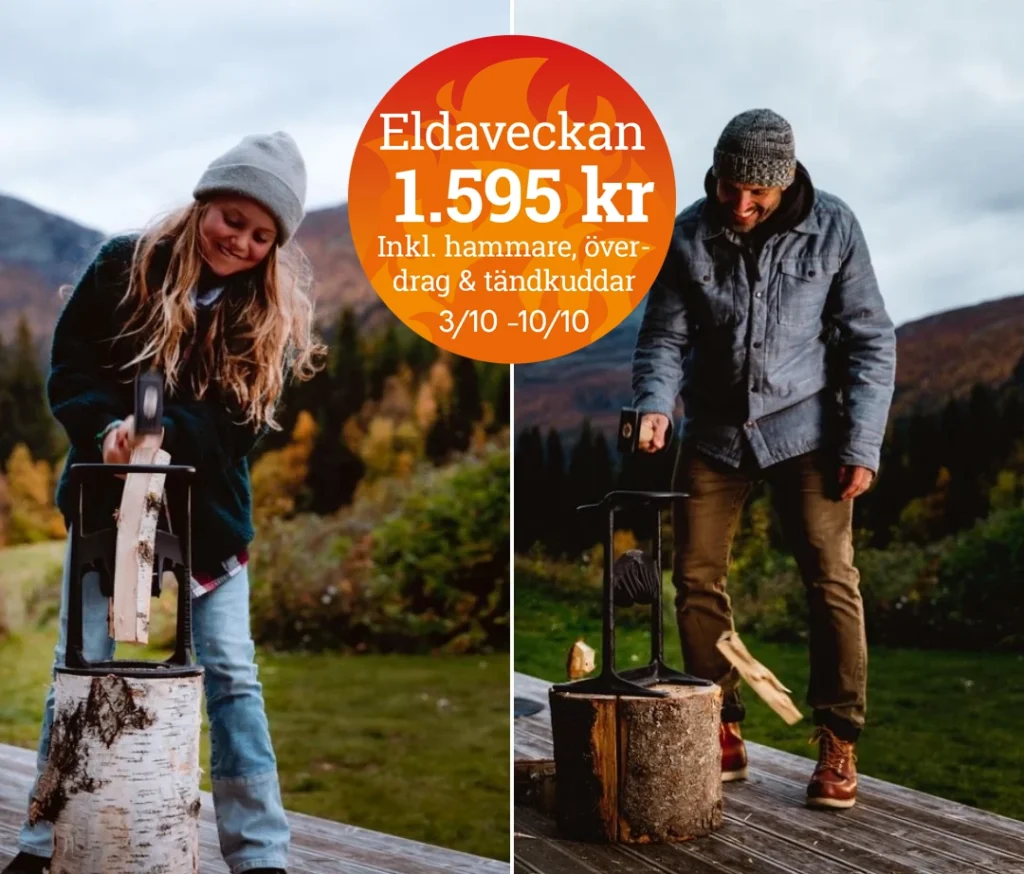 Två personer hugger ved utomhus med en vedklyv. Text: "Eldaveckan 1.595 kr inkl. hammare, överdrag & tändkuddar 3/10 - 10/10". Höstlandskap i bakgrunden.