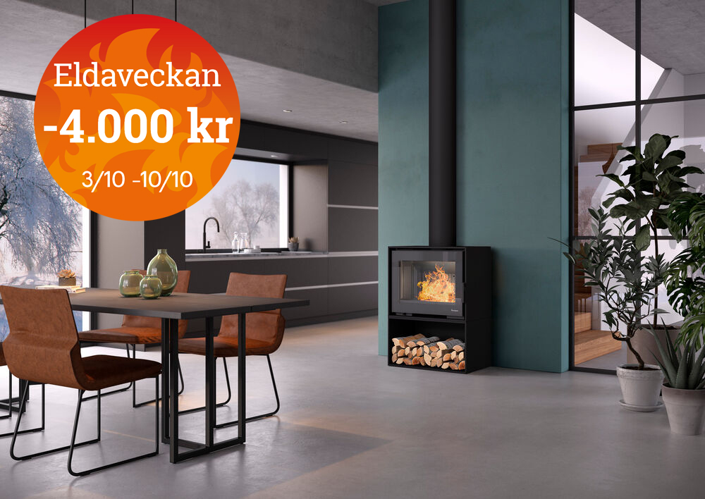 Modernt kök med matbord och stolar, kamin med vedförvaring. Eldaveckan-kampanj med 4000 kr rabatt, 3/10-10/10.