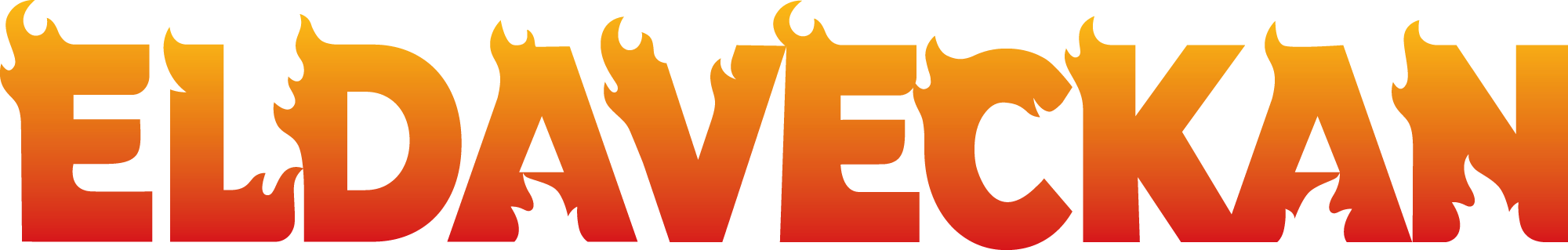 Texten "ELDAVECKAN" i eldliknande stil med orange och röd färg. Passar för marknadsföring av eldbutiken.