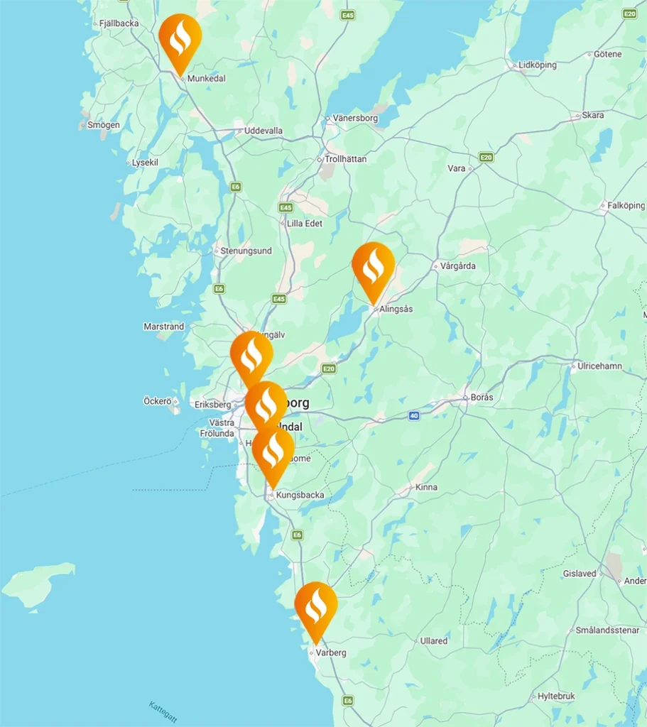 Karta över västra Sverige med markörer för Eldabutiken-platser i Munkedal, Alingsås, Göteborg och Varberg.